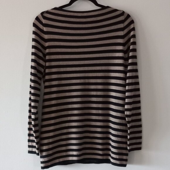 EILEEN FISHER 100% merino wool black and beige striped sweater petite L - Picture 9 of 11